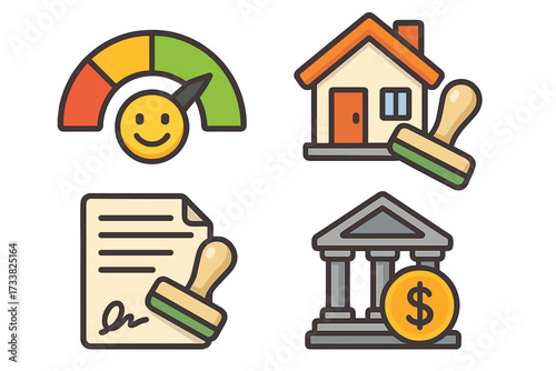 Financial icons set with credit score meter, mortgage loan pre-approved stamp. House, bank, money and contract symbols. Vector for business, finance, and real estate.