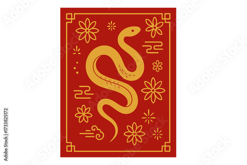 Chinese New Year 2026 Year of the Snake. Golden snake on red background. Luxury poster template with minimal geometric design, linear flowers. Lunar New Year vector illustration.