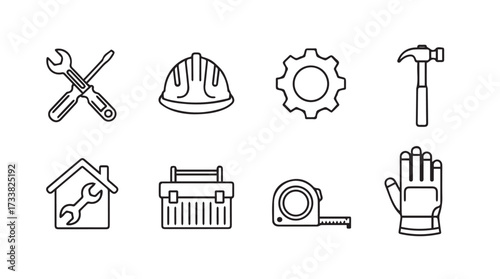 Set of hand drawn construction and repair icons tools and equipment for diy and building projects vector
