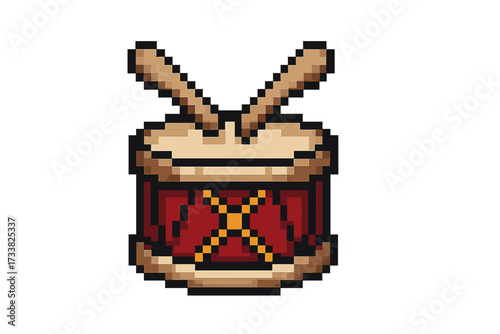 Pixel art drum icon with drumsticks. 8-bit retro video game music instrument symbol. Vector cartoon illustration for gaming assets. Sound, rhythm, and beat concept graphic.