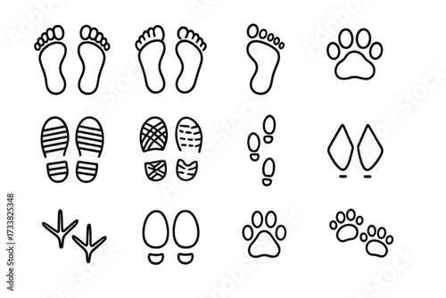 Footprint and tracks line icon set. Human barefoot steps, shoe sole prints, animal paw, dog, cat, bird and hoof trail. Outline vector symbol collection for graphic design.