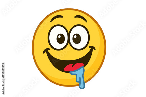 Hungry emoticon character salivating. Vector emoji smiley face icon drooling with anticipation. Yummy food craving concept. Delicious meal appetite symbol. Cartoon illustration.