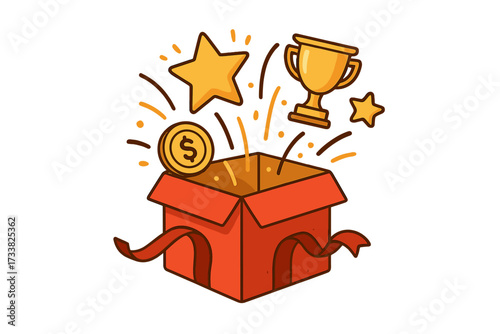 Surprise gift box with prizes. Enter to win contest. Giveaway reward for marketing and promotion. Vector icon of trophy, money, star. Special offer and bonus concept.