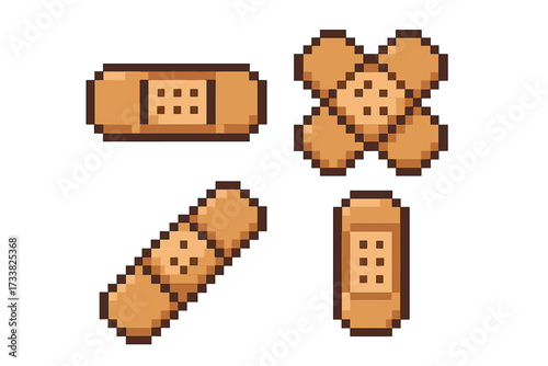 Pixel art adhesive bandage set. 8-bit plaster icon collection. First aid medical graphic element. Wound care patch sticker. Retro video game style vector illustration asset.