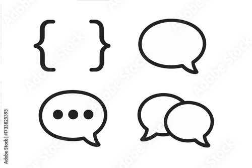 Speech bubble and curly braces icon set. Vector symbols for chat, communication, dialogue, and coding. Flat design elements for web, app, messaging, and programming concepts.
