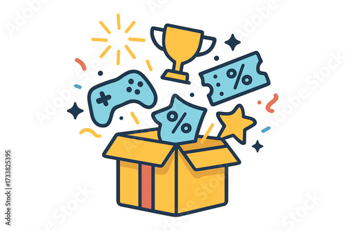 Gift box with prizes vector icon. Win a prize concept for contest, giveaway, and promotion. Gaming rewards, trophy, and discount coupon exploding with confetti. Surprise gift.