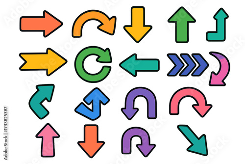 Arrows vector icon set. Big collection of colorful cartoon pointers. Different shapes for direction, navigation, and web design. Up, down, left, right, turn, reload symbols.