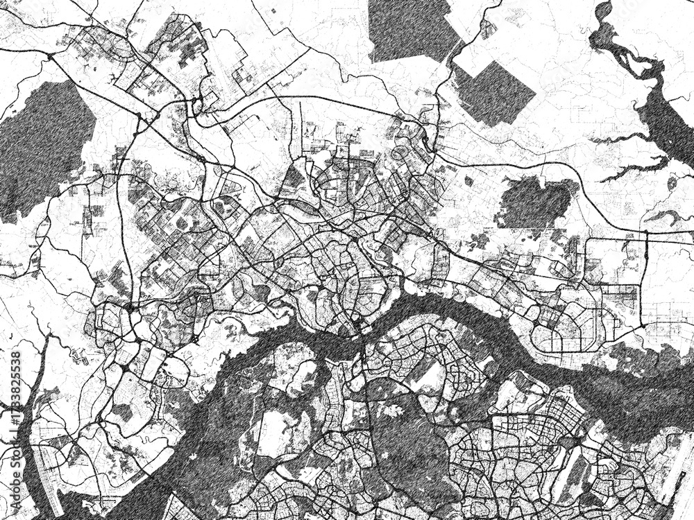 Fototapeta premium City map illustration of Johor Bahru, Malaysia, rendered in black and white sketch style.