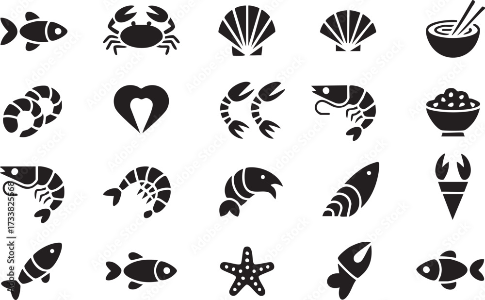 Fototapeta premium Sushi and seafood vector pack with bowls, shrimp, and fish for menu design