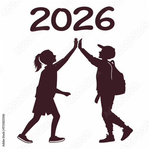 Two teenagers high fiving with the year 2026 silhouette