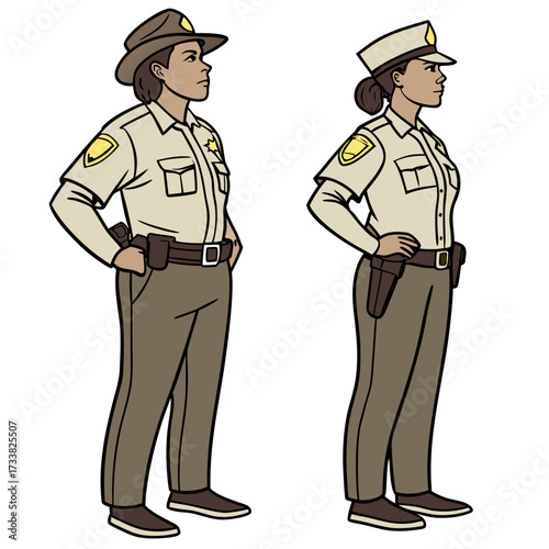 Two police officers in uniform standing against white background