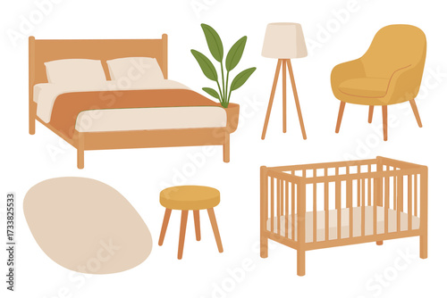 Bedroom and nursery furniture set. Scandinavian interior design elements collection. Modern home decor concept with bed, crib, armchair, lamp, plant. Flat vector illustration.