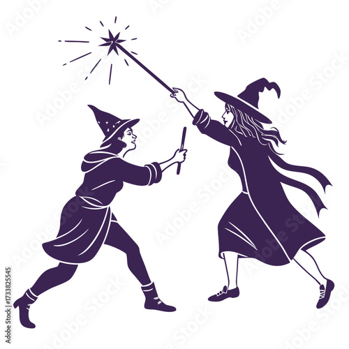 Two witches dueling with magic wands and spells battle