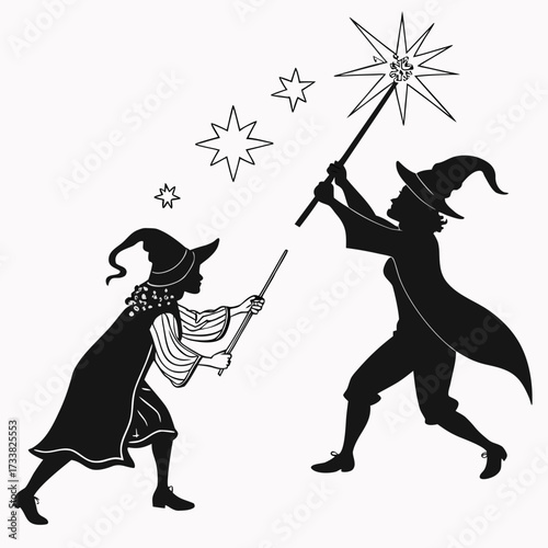 Two witches dueling with magic wands and sparkling spells