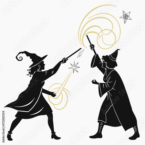 Two witches casting spells at each other with magic wands