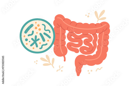 Gut microbiome abstract concept. Human intestine microbiota with healthy probiotic bacteria. Flat vector medicine illustration of microbiology checkup and digestive system flora.