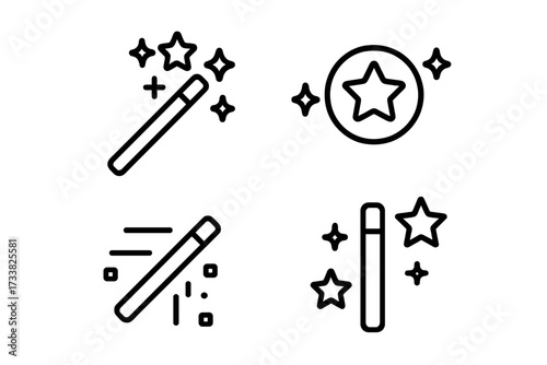 Magic wand thin line icons set. Magician stick with stars and sparkles collection. Witchcraft, miracle, and illusion symbols. Simple vector outline illustration editable stroke.