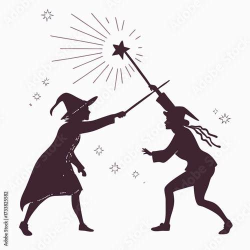 Two witches dueling with magic wands and stars vector