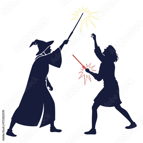 Two witches dueling with magic wands and spells vector