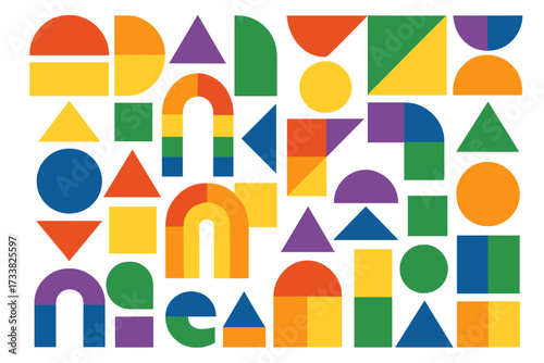 Geometry colorful vintage Bauhaus background with simple geometric shapes and figures. Abstract minimalistic pattern for Pride month celebration. Vector illustration with rainbow colors.