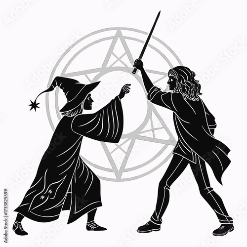 Two witches dueling with magic wands vector illustration 1