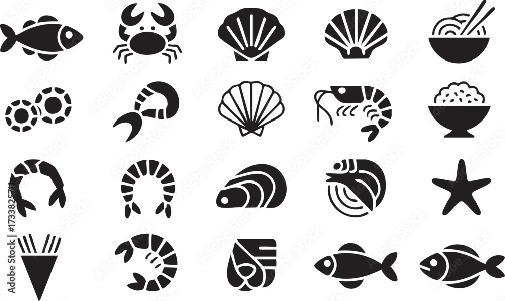 Obraz premium Marine food vector symbols including shrimp, crab, shells, and fish graphics