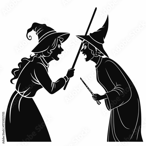Two witches in silhouette dueling with magic wands