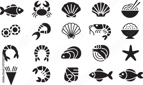 Marine food vector symbols including shrimp, crab, shells, and fish graphics