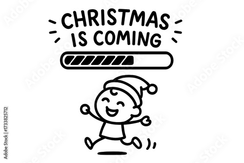 Christmas is coming loading bar. Progress bar. Funny doodle character running in Santa hat. Holiday season countdown. Xmas waiting concept. New Year is coming soon vector.