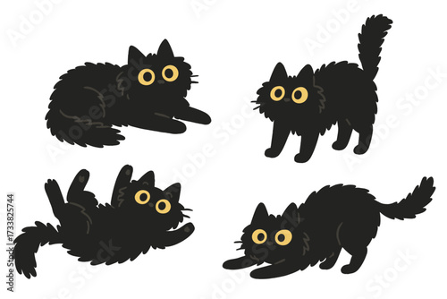 Set of cute black fluffy cats. Funny cartoon feline characters with big eyes in different poses. Naughty lying and playing kitten. Vector hand drawn isolated illustration.