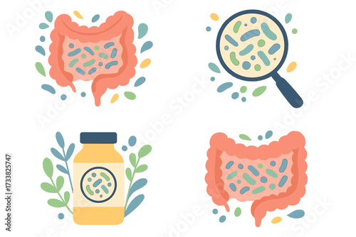 Gut microbiome vector illustration set. Human intestine microbiota with healthy probiotic bacteria. Medical checkup, biology and digestive health concept. Pills and research icons.