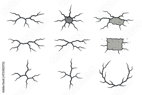 Ground cracks vector set. Damaged wall texture. Cartoon illustration of earth destruction, earthquake fault lines, and broken surface holes. Dry ground split effect collection.