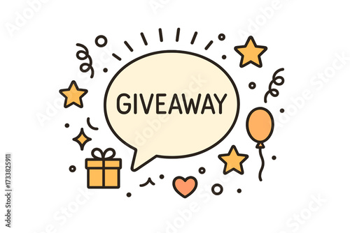 Giveaway contest banner for social media promotion. Enter to win prize concept. Vector illustration in flat line style. Marketing announcement with gift box, stars and balloon.
