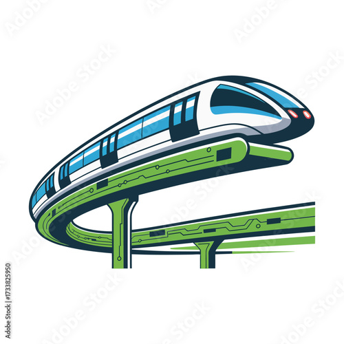 Curved monorail line, elevated green pylons, modern public transit, sustainable city travel, infrastructure illustration, contemporary vector artwork