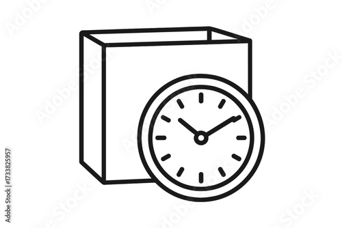 Delivery time concept. Clock and package box icon. Symbol for shipping schedule, logistics deadline, and order processing. Vector for time management, express delivery, parcel eta.