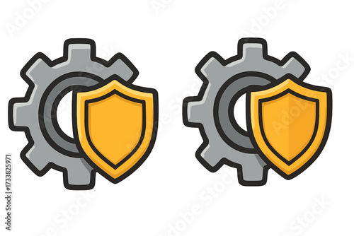 Gear and shield icon set. Vector symbol for security, protection, and privacy settings. Concept of system safety, data defense, industrial maintenance, and warranty guarantee.