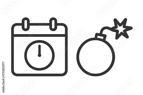 Deadline icon concept. Ticking time bomb symbol. Calendar with clock and bomb. Urgency, time pressure and crisis management vector. Project countdown and final date risk.