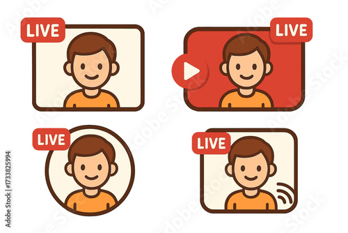 Live stream icon set. User avatar for broadcasting. Video conference profile frame. Online webinar logo collection. Blogger, vlogger, or streamer cartoon vector illustration.