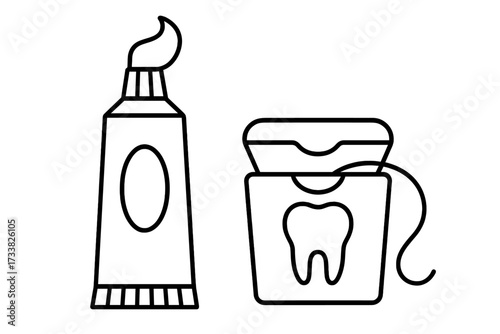 Dental care routine icons with toothpaste and floss. Oral hygiene and health concept. Vector line illustration for stomatology, dentist clinic, or healthy lifestyle graphics.