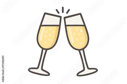 Champagne glasses clinking. Cheers toast vector illustration. Celebration, new year, wedding, anniversary or birthday party icon. Flat design sparkling wine alcohol drink.
