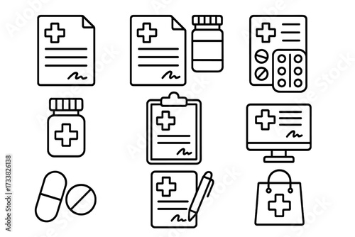 Medical prescription thin line icons. Healthcare and pharmacy symbol set. Concept medicine, treatment, diagnosis. Pill, drug, rx, online report. Editable stroke vector art.