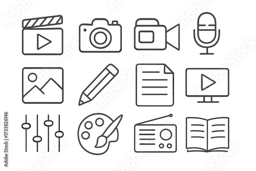 Creative multimedia line icon set. Vector symbols for content creation, media, publishing. Icons for photo, video, film, audio, art, writing, podcast, book, and broadcast.