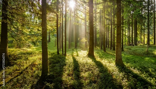 Sunlit Green Forest With Rays Of Light Filtering Through Tall Trees In Natural Environment