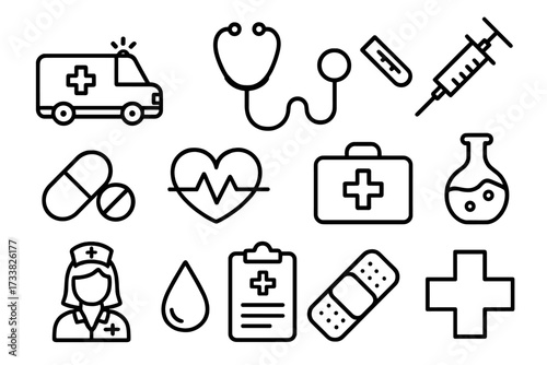 Medical and healthcare line icon set. Vector symbols for hospital, clinic, pharmacy. Collection of first aid, emergency, diagnosis, and treatment outline graphic elements.