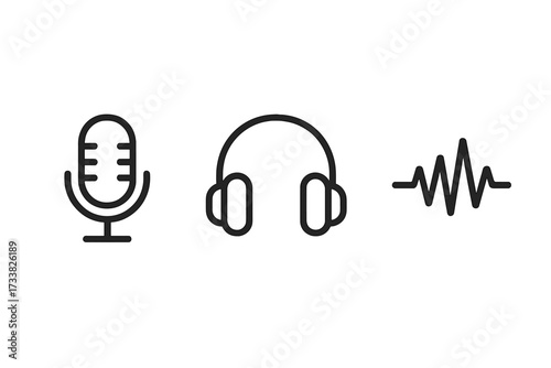 Audio and communication icons. Microphone, headphones, sound wave symbols. Vector set for podcast, broadcast, radio, music streaming, voice recording, and audio editing. Linear.