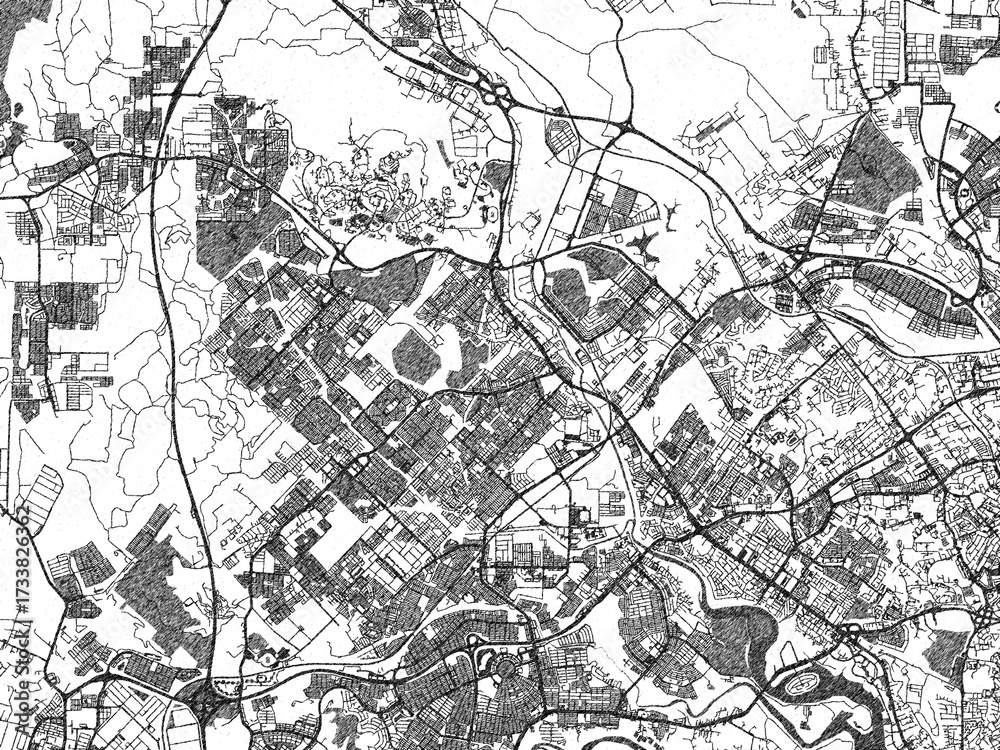Fototapeta premium Stylized decorative city map of Skudai, Malaysia, hand-drawn in black and white.