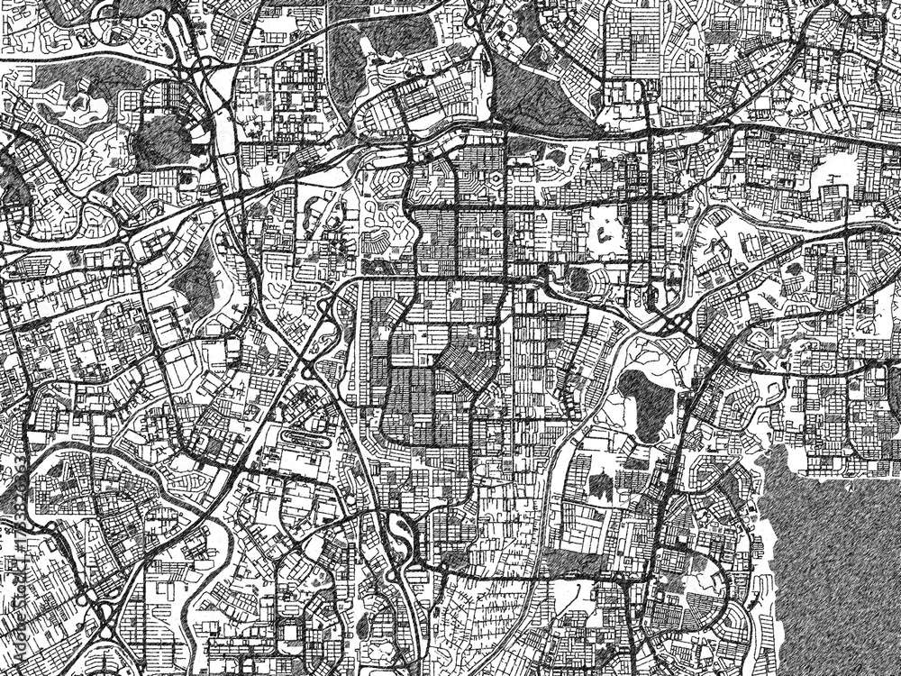 Naklejka premium Stylized black and white urban map of Subang Jaya, Malaysia, hand-drawn style for decor and creative use.