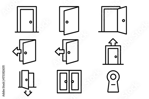 Door line icon set. Simple collection of exit, entrance symbols. Open, closed doors, keyhole vector illustration. Way out, enter, leave concept. Editable stroke for web design.