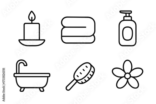 Spa and wellness icon set. Minimalist line art collection for beauty and self-care. Vector icons of candle, towel, lotion, bathtub, brush, flower for relaxation and treatment.