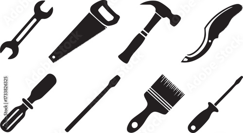 DIY project tool vector set with saw, brush, and knife illustration